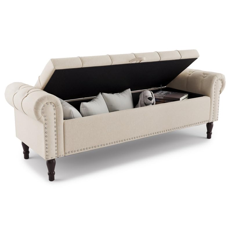 Image of 3-Seater Upholstered Ottoman Bench with Storage | White |62.4 x 20.1 x 20.7 Inch| Elegant Multi-Purpose with 6-Inch Wooden Legs for Living Room, Bedroom, Entryway