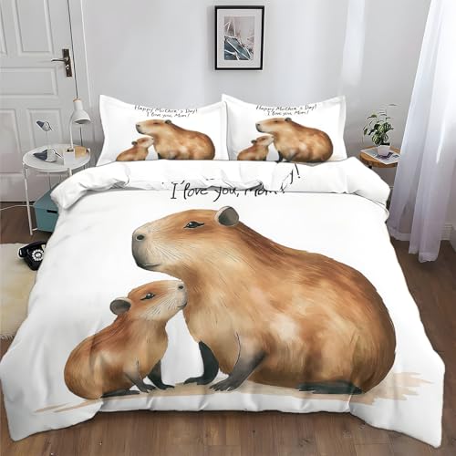 XCQHZYQ Funda Nordica Infantil para Cama 90 Pintura Acuarela Carpincho Día La Madre Poliéster Algodón Suave Juego de Funda Edredónes 150x200 cm y 2 Funda de Almohada 50x75 cm, Juego de Ropa de Cama