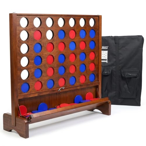 Image of Giant Wooden 4 in A Row Game with Folding Catch Tray, Wall-Mountable or Ground Play, Indoor Outdoor & Backyard Game, Includes Carry Case and Detachable Legs