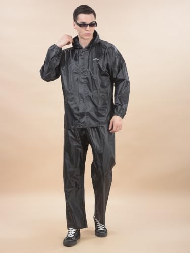 Image of Dollar Men's Waterproof PVC Raincoat Set | Zipper & Button Closure | Hood & Pocket | Full Sleeve Jacket Pant Rainwear Suit | Lightweight Leakproof Rain Protection for Outdoor, Biking, Riding