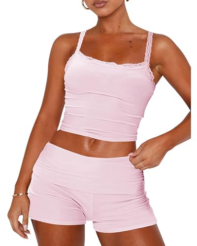 Women's Summer Loungewear Set Lace Trim Cami Tops with Fold Over Waist Shorts 2 Piece Sleepwear (A-Pink, L)