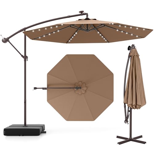 Image of TANGZON 3m Cantilever Garden Parasol, Heavy Duty Offset Patio Umbrella with 40 LED Lights, Sand Bag & Solar Panel Batteries, Outdoor Square Hanging Sun Shade Roma Umbrella (Coffee)