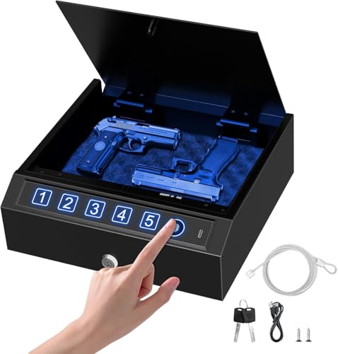 Biometric Gun Safe for Pistols 3-Ways unlock Fingerprint Digital PIN Key Unlock Pistol Safe with Security Cable Gun Lock Box With Interior Light For Nightstand Car & Home Security