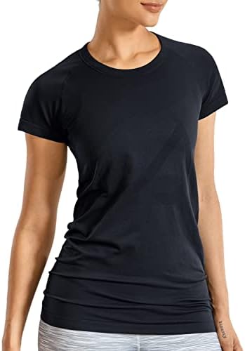 CRZ YOGA Seamless Workout Shirts for Women Short Sleeve Sports Tees Quick Dry Breathable Gym Athletic Tops Black Small