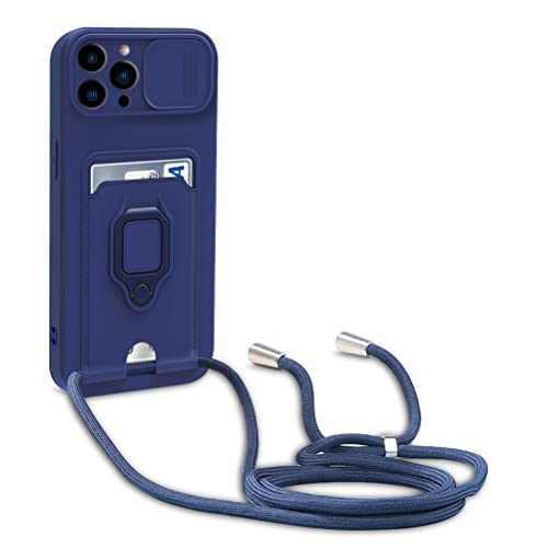 yanasuo Protección de Cámara Funda Compatible con iPhone 13 Pro, con Anillo Soporte, Ajustable Collar Correa de Cuello Cordón Carcasa de Silicona Azul