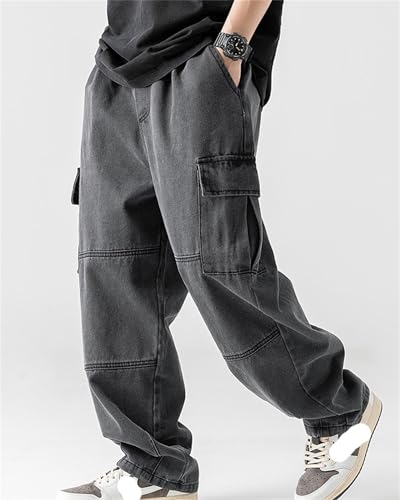 Men's Patchwork Jeans Loose Baggy Hip Hop Wash Straight Leg Denim Cargo Pants Drawstring3