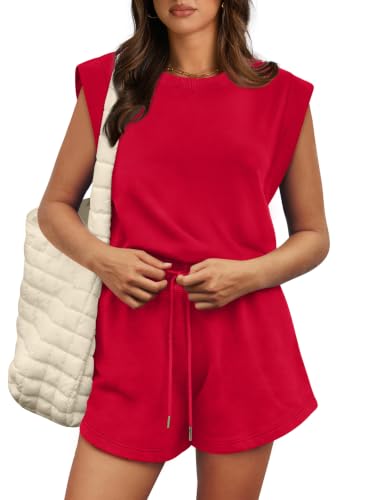 OFEEFAN Womens Rompers 2026 Beach Vacation Clothes Valentine Fashion Trendy Cap Sleeve Summer Outfits Date Night Adjustable Waist Short Going Out Rompers Red M