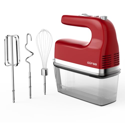 Image of Curaa Hand Mixer 300 Watts for Baking | 5 Speed Control with Turbo Mode | Electric Egg Beater with Whisk & Dough Hooks | Handheld Mixer for Cake, Cream, Dough, Buttermilk & Whipping | Red