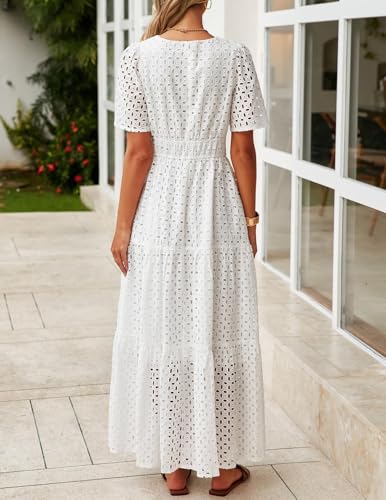 ZESICA Women's 2025 Summer Short Sleeve Maxi Dress Casual V Neck Hollow Out Eyelet Ruffle Swing A Line Long Dresses3