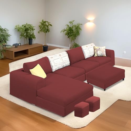 Image of Koza LHS 8 Seater L Shape Sofa Set with Center Table for Living Room (Maroon Fabric) Premium Fabric Sofa