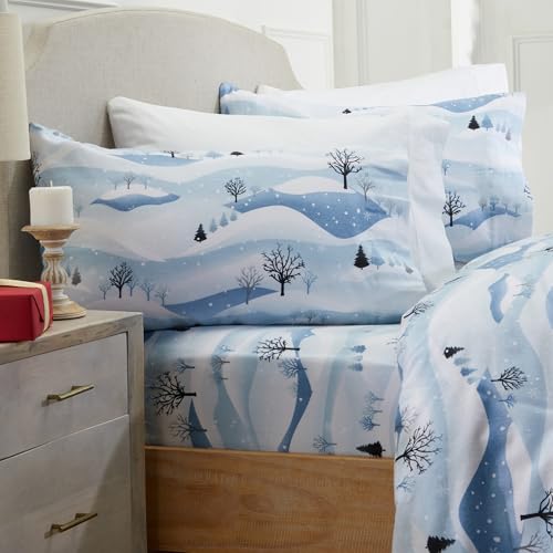 Market & Place 100% Cotton King Flannel Sheet Set | 4 Piece Deep Pocket Novelty Cozy Winter Bed Sheets | Double Brushed for Extra Softness & Comfort | Alpine Collection (King, Winter Landscape)
