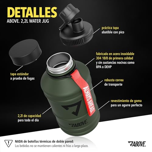 Miniatura 4 de Above. Botella De Acero Inoxidable 1,3-2,2l I Con 2 Tapas I Sin Bpa I Xxl Water Jug I 2l Botella A Prueba Robusta De Fugas Para Fitness, Deporte Gimnasio I No Es Térmica 2.2l Oliva