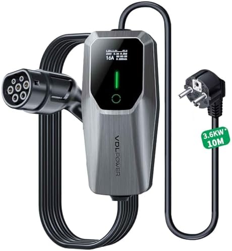 VDLPOWEREU Ladekabel Typ 2, 3.6KW /10M Ladestation Elektroauto Schuko, 6A-16A LED-Anzeige Tragbare EV Ladegerät, Typ 2 Ladekabel für Elektrofahrzeuge mit Einphasigem EU-Schuko, IP6