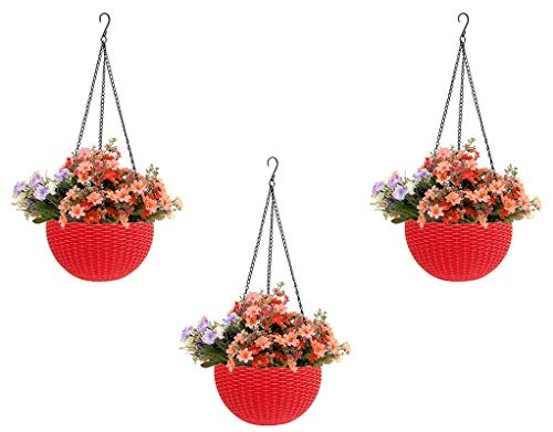 Image of Go Hooked 3 Pcs Red Plastic Hanging Planter, Set of 3, Classic Garden, Indoor /Outdoor, 7.1 Inch Diameter, 4.8 Inch Height, 3 mm Thickness, 13 Inch Chain Length