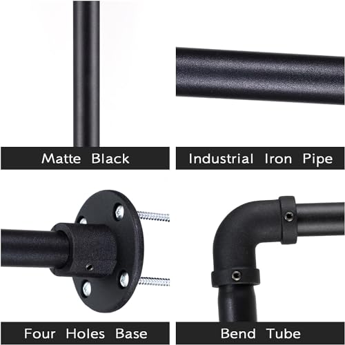 Kleiderstange für Wand, 120cm Garderobenstange im Industrie-Design Industrierohr Kleiderstange, bis 50 kg belastbar, einfache Montage, Abnehmbare Garderobenstangen aus Metall/Mattschwarz