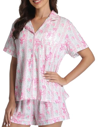 2 Piece Preppy Pajamas Button Down Y2k Print Monkey Pajamas for Women Cute Beach Shorts Set pjs Loungewear