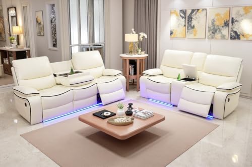 A Ainehome Leather Power Recliner Sofa Set with LED, Leather Recl...