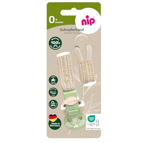 nip – Schnullerband | Nachhaltiges Schnullerband aus 100 % unbehandelter Bio-Baumwolle ohne Zusätze. Speichel- und schweißfestes Schnullerband mit Clip für Schnuller mit und ohne Ring | Grün
