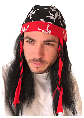 Peluca Pirata con Pañuelo Pirata Rojo con Calaveras y Trenzas. Peluca Carnaval para Disfraz Pirata. Accesorios Piratas para Disfraces Piratas. Peluca Pirata para Disfraz Pirata Niño u Hombre Cover