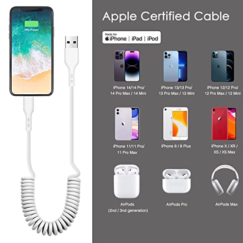 Car Apple Iphone Cable, Usb To Lightning Cable For Iphone 14, 14 Pro Max,13,Plus, Se 2Nd/12/11/Xs/Xr Charger Cord, Retractable Coiled Long Carplay Car Charging Cable (Usb A To Lightning, White) #TOP2
