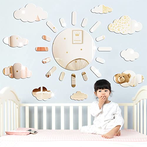 Sun And Cloud Mirror Stickers Decals 3D Acrylic Mirror Wall Stickers Self Adhesive Decorative Silver Removable Peel And Stick For Kids Baby Bedroom Bathroom Playroom Nursery Ceiling Wall Decor #TOP1