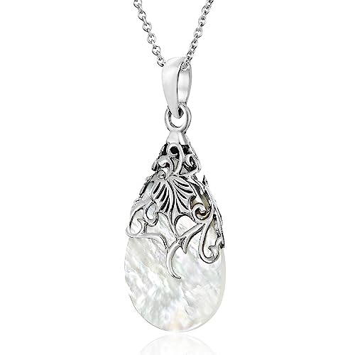 AeraVida Vintage Floral Vine Adorned Teardrop Mother of Pearl Shell .925 Sterling Silver Pendant Statement Necklace | Classic Necklace Jewelry for Women | Jewelry Gift - Image 3