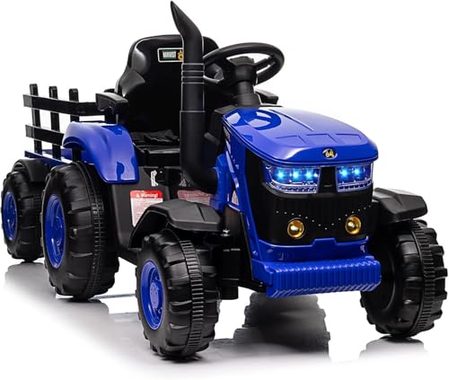 Tractor eléctrico infantil de 12 V con mando a distancia, 2 en 1 coche eléctrico infantil con remolque extraíble, música, USB, faros LED, bocina, vehículo todoterreno para niños de 3 a 8 años (azul)