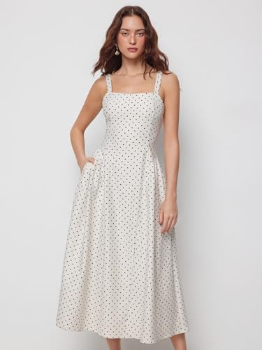 Image of CIDER Womens Polka Dots Summer Casual Dresses Square Neck Sleeveless Midi A Line Elegant Dress
