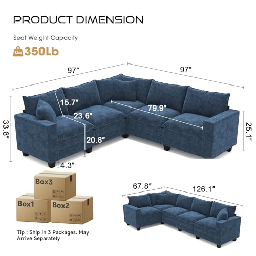 Image of 97 inch L Shaped Sectional Couch, Comfy Chenille Cloud Couch, 5 Seat Modular Cloud Sofa with 2 Pillows & Storage Armrests, Convertible V Shaped Corner Couch, Sectional Couches for Living Room, Blue