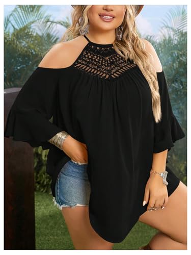 Verdusa Women's Plus Size Boho Chic Cold Shoulder Halter Going Out Tops Tunic Shirts Concert Tops3