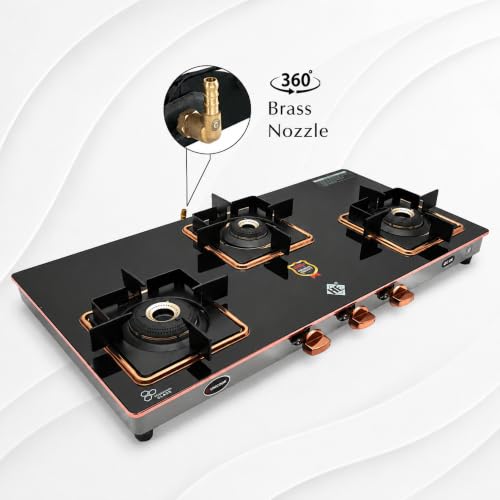 Image of Unicook Dollar Astra 3 Burner Gas Stove | Manual Ignition | 6mm Glass Stove | Forged Brass Burner | ISI Certified | Glass Cooktop | 3 Years Manufacturer Warranty