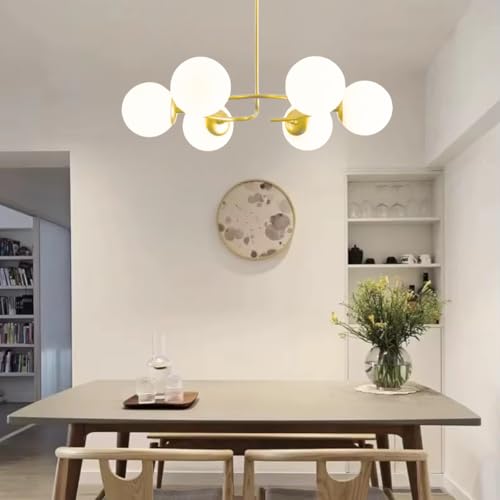 Gimpo, Lustre 75x68cm Fibonacci Jabuticaba 6 Globos Vidro Metal Dourada Luminária Teto Gimpo KJDD-E-