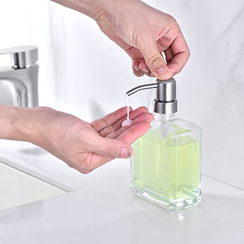Image of Square Clear Glass Dish Soap Dispenser, Antique Design Refillable Hand Soap Dispenser with Rust Proof Stainless Steel Pump, 13.5 oz Lotion Dispenser for Bathroom Vanity, Kitchen Countertop