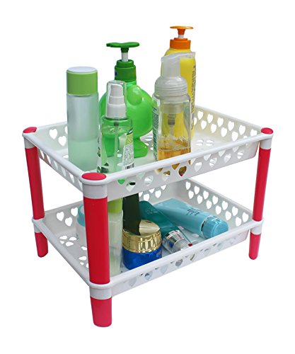 Honla 2-Tiered Plastic Bathroom Shelves Organizer with Perforated Storage Baskets-Small Shelving Units/Drying Rack for Bath Organization,Free Standing,Red and White