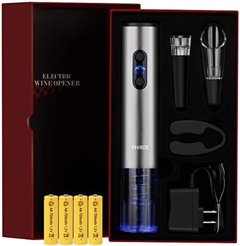 Electric Wine Opener with Charger, PHIRDE Rechargeable Cordless Automatic Corkscrew Wine Bottle Opener Includes Battery, Foil Cutter, Wine Pourer and Vacuum Stopper
