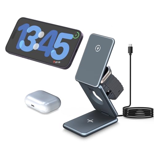 Foldable Wireless Charger for iPhone 15/14/13/12, 3 in 1 Multi Folidng Wireless Charger for Apple Watch8/7/6/5/4/3, AirpodsPro/2/3, Fast 15W Magnetic Portable Charging with Stylish Aluminum Design
