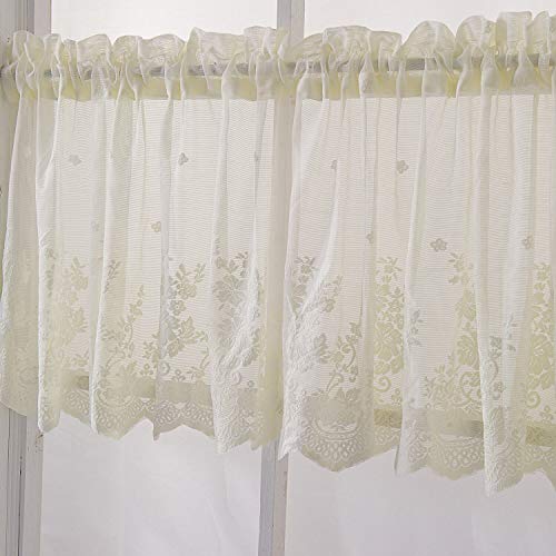 Wubodti Beige Lace Sheer Valances For Bedroom Windows, Vintage Cream Semi Sheer Cafe Curtains 24 Inch Length, Floral Embroidery Short Kitchen Curtain For Living Room Bathroom Small Windows Decor #TOP2