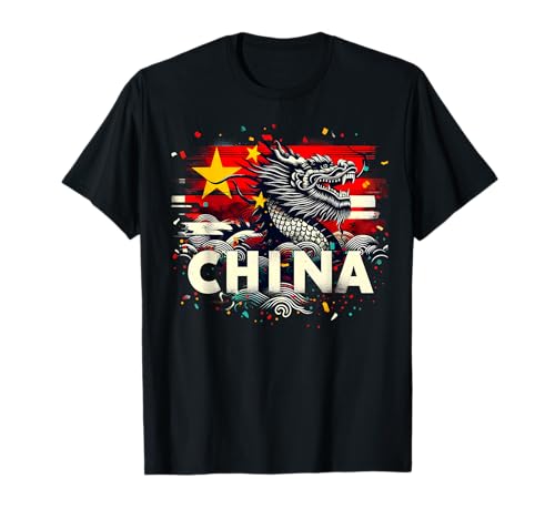 Doble Exposición Bandera China Dragón Chino Celebración Ola Camiseta