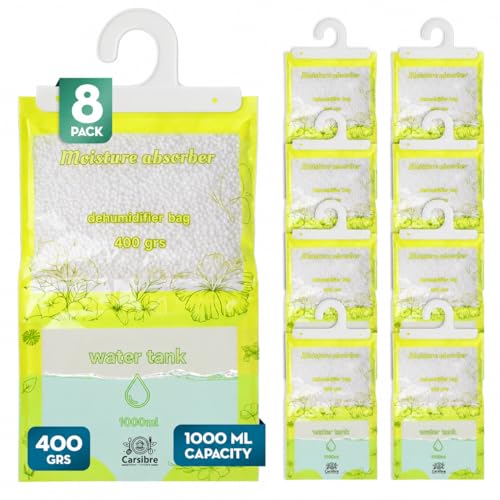 Bolsas Antihumedad Armarios Carsibre Pack 8 De Alta Capacidad 3,2 Kg En Total 400 G Por Bolsa Con Depósito Xl 1 L Deshumidificador Colgante Para Ropa Y Armarios, Sin Fragancia