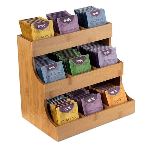 3 Tier Vertical Tea Bag Organiser Wooden Teabags Holder Storage Box Rack Kitchen Table Countertop Coffee Sugar Packets Storage Caddy for Home Office or Café