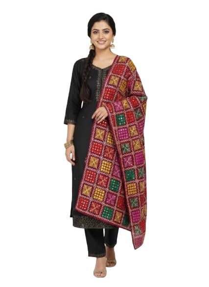 shivaira Traditional Handcrafted Phulkari Dupatta, Multicolor Embroidered, Cotton Blend, Geometric Pattern, Ethnic Wear-picture-1