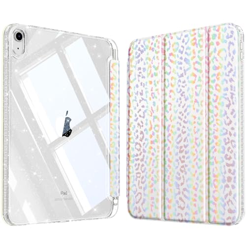 Fintie Slim Case for iPad (A16) 11th Generation 11 Inch (2025) iPad 10th Generation 10.9 Inch (2022) - Glittering Sparkly Shockproof Cover with Shiny Clear Back Shell & Pencil Holder White Leopard