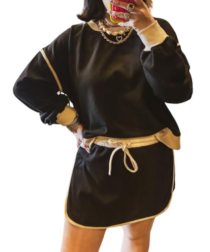 ELFTOWN Women's Casual Fall Sweatshirts Short Skorts Set 2 Piece Outfit Tracksuits Skirt Top Matching Set
