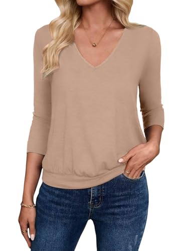 Sialois Womens Casual Tops Three Quarter Short Sleeve Blouse V Neck Banded Bottom Shirts Cute Solid Color Tunic Dressy Beach Vacation Teacher Outfits 2026 Fall Tees Spring Summer Beach Clothes,Khaki,S