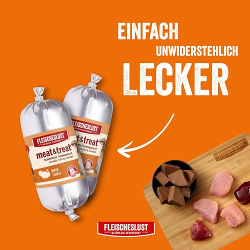 Fleischeslust Hundewurst, Meat&Treat Pute (15x200g), schnittfeste Trainingswurst, Hundefutter für ausgewachsene Hunde