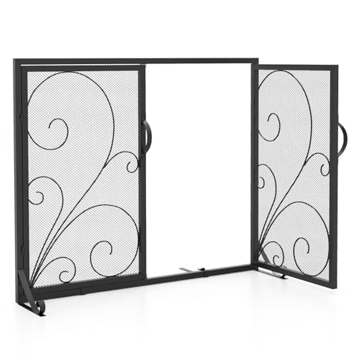 GOPLUS Écran de Cheminée pour Isolation des Étincelles et Cendres, Pare-Feu de Cheminée, Panneau Protection Cheminée Décoratif, pour Salon, Chambre, 96x78x35CM, Noir