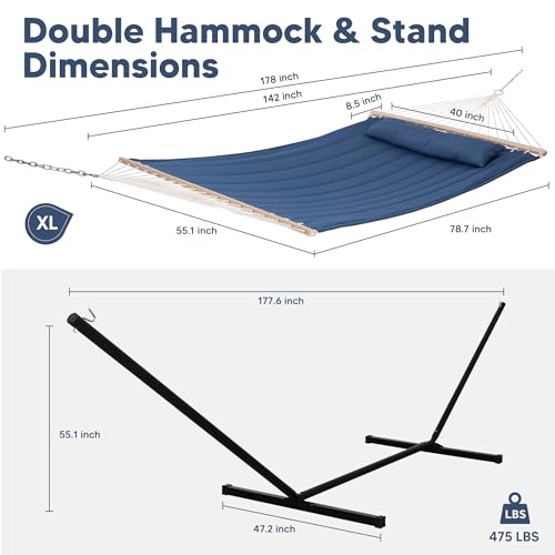 Image of SUNCREAT 2 Person Free Standing Hammock with 15 ft Stand, 475 lbs Capacity, Backyard Hammock with Stand, Navy