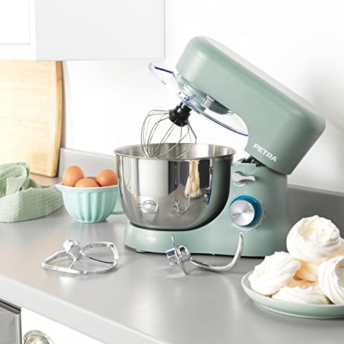 Petra PT5234TEAL Electric Stand Mixer, 8 Speed Settings, Bake Bread & Cakes Pulse Function, 4L Stainless Steel Bowl with Cover, Safety Lock, Splash Guard, Beater/Whisk/Dough Hook Included, 1300W, Teal