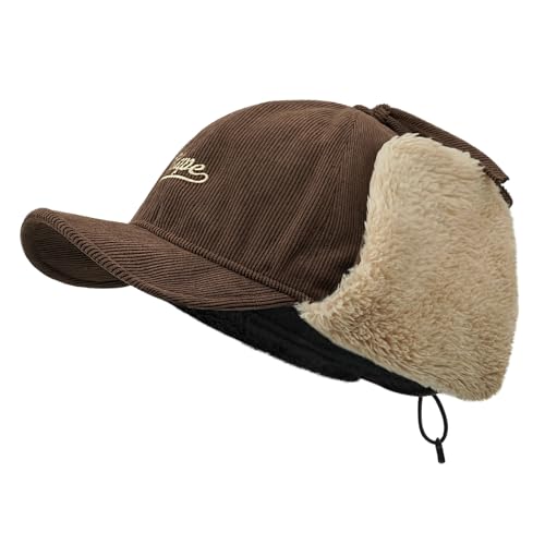 CLAPE Men Winter Baseball Cap, Outdoor Windproof Warm Fleece Trapper Hat w-Visor & Earflap for Clod Weather, Adjustable Size
