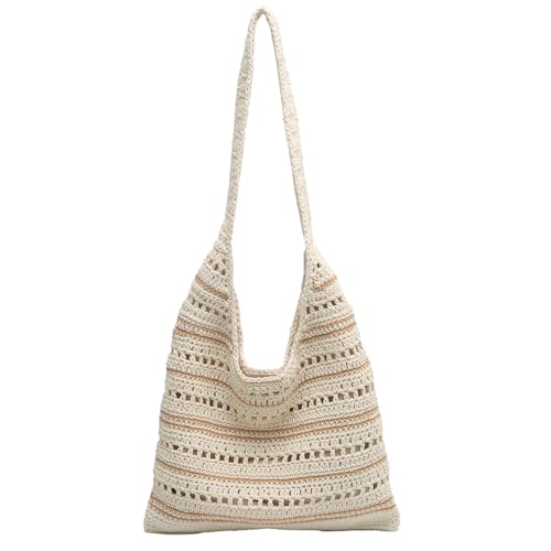 unisoul Striped Knitted Beach Bag for WomenCrochet Tote Bag with Zipper and Lining Boho Summer Shoulder Bag for Holiday Travel Lightweight Aesthetic Mesh Handbag Foldable Shopping Bag Khaki